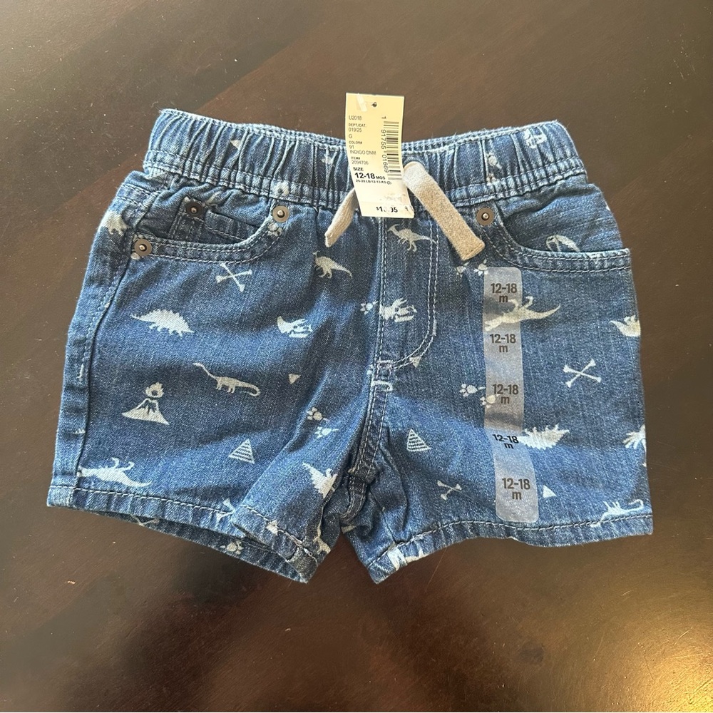 The Children's Place, Blue Dinosaur Print Denim Shorts, Size 12-18 months